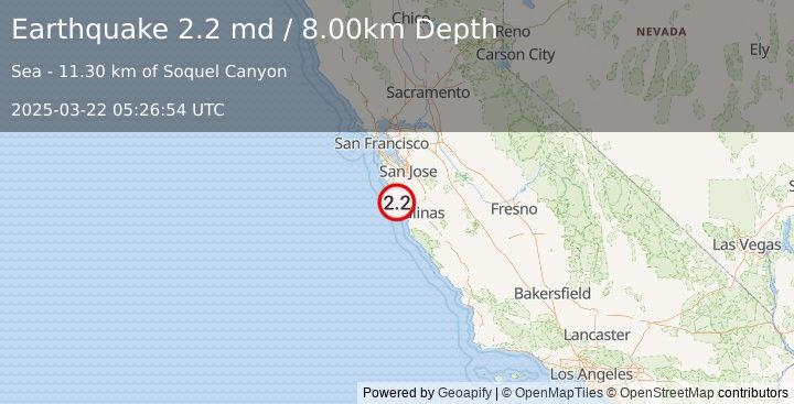 Earthquake OFFSHORE CENTRAL CALIFORNIA (2.2 md) (2025-03-22 05:26:54 UTC)