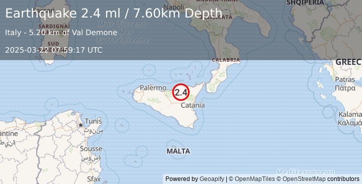 Earthquake SICILY, ITALY (2.4 ml) (2025-03-22 07:59:17 UTC)