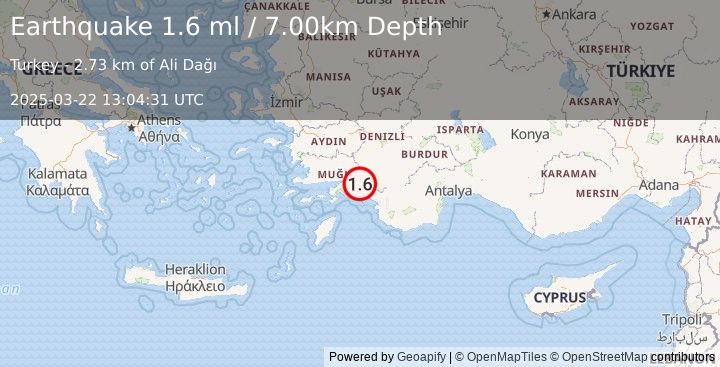 Earthquake WESTERN TURKEY (1.6 ml) (2025-03-22 13:04:31 UTC)