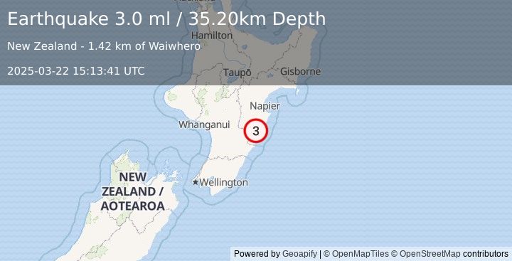 Earthquake NORTH ISLAND OF NEW ZEALAND (3.0 ml) (2025-03-22 15:13:41 UTC)