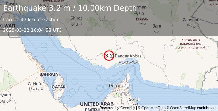 Earthquake SOUTHERN IRAN (3.2 m) (2025-03-22 16:04:58 UTC)