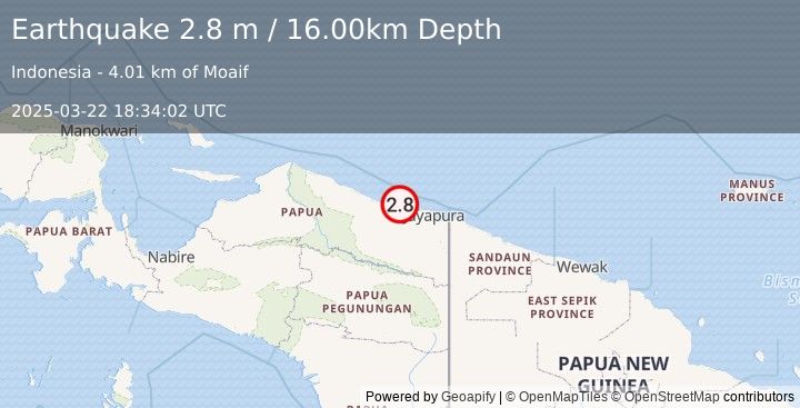 Earthquake NEAR N COAST OF PAPUA, INDONESIA (2.8 m) (2025-03-22 18:34:02 UTC)