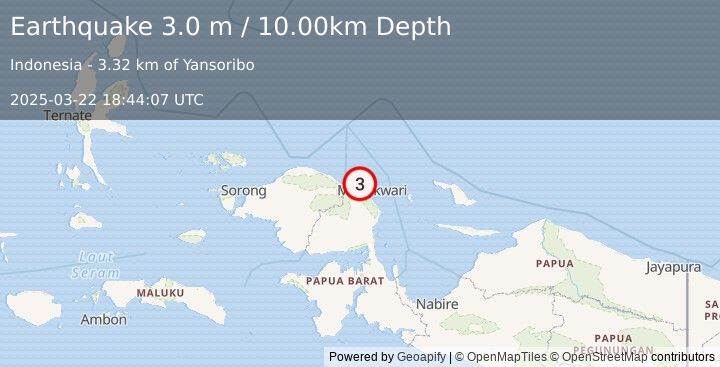 Earthquake NEAR N COAST OF PAPUA, INDONESIA (3.0 m) (2025-03-22 18:44:07 UTC)