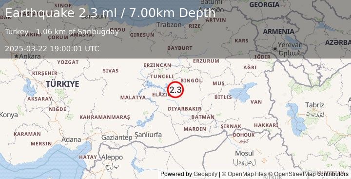 Earthquake EASTERN TURKEY (2.3 ml) (2025-03-22 19:00:01 UTC)