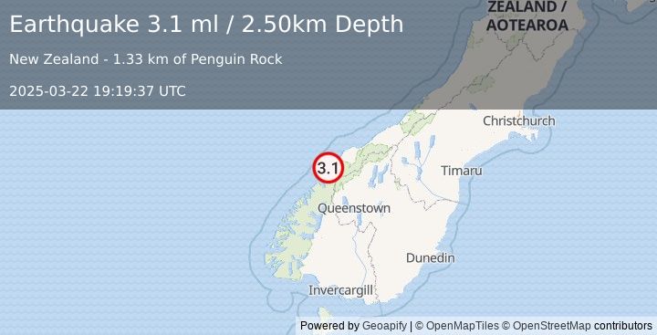 Earthquake SOUTH ISLAND OF NEW ZEALAND (3.1 ml) (2025-03-22 19:19:37 UTC)