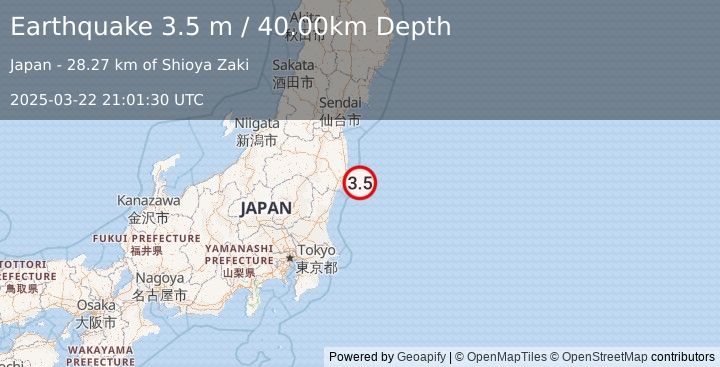 Earthquake NEAR EAST COAST OF HONSHU, JAPAN (3.5 m) (2025-03-22 21:01:30 UTC)