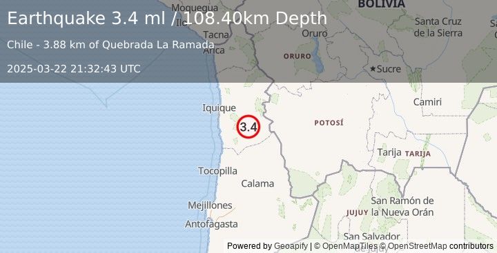 Earthquake TARAPACA, CHILE (3.4 ml) (2025-03-22 21:32:43 UTC)