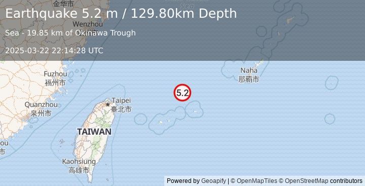 Earthquake NORTHEAST OF TAIWAN (5.2 m) (2025-03-22 22:14:28 UTC)