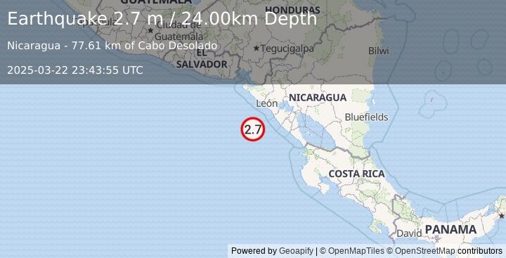 Earthquake NEAR COAST OF NICARAGUA (2.7 m) (2025-03-22 23:43:55 UTC)