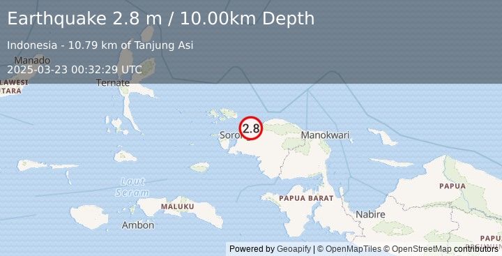 Earthquake NEAR N COAST OF PAPUA, INDONESIA (2.8 m) (2025-03-23 00:32:29 UTC)