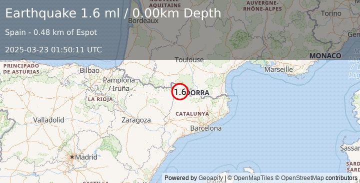 Earthquake PYRENEES (1.6 ml) (2025-03-23 01:50:11 UTC)