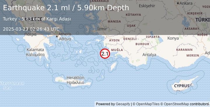 Earthquake DODECANESE IS.-TURKEY BORDER REG (2.1 ml) (2025-03-23 02:26:43 UTC)