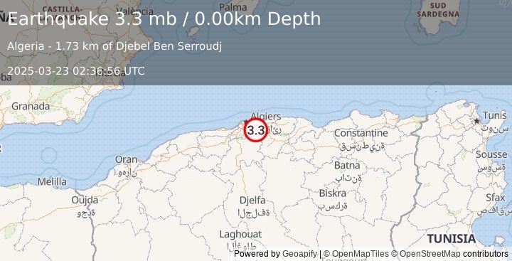 Earthquake NORTHERN ALGERIA (3.3 mb) (2025-03-23 02:36:56 UTC)