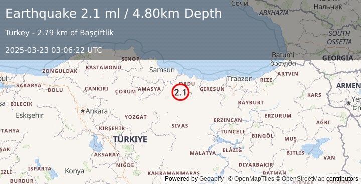 Earthquake CENTRAL TURKEY (2.1 ml) (2025-03-23 03:06:22 UTC)