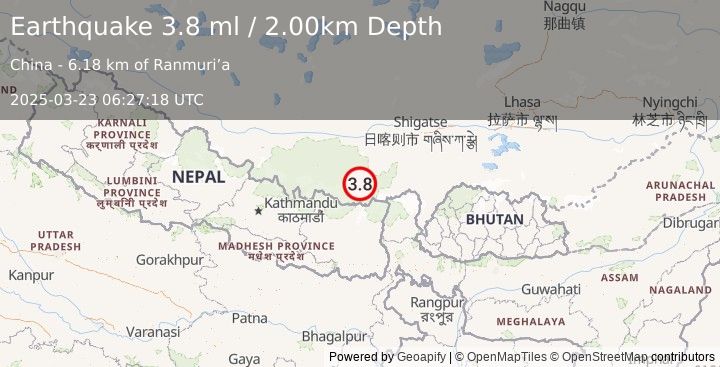 Earthquake WESTERN XIZANG (3.8 ml) (2025-03-23 06:27:18 UTC)