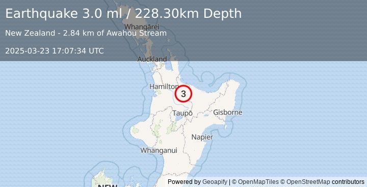 Earthquake NORTH ISLAND OF NEW ZEALAND (3.0 ml) (2025-03-23 17:07:34 UTC)