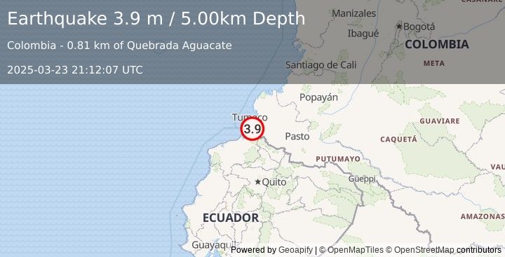 Earthquake COLOMBIA-ECUADOR BORDER REGION (3.9 m) (2025-03-23 21:12:07 UTC)