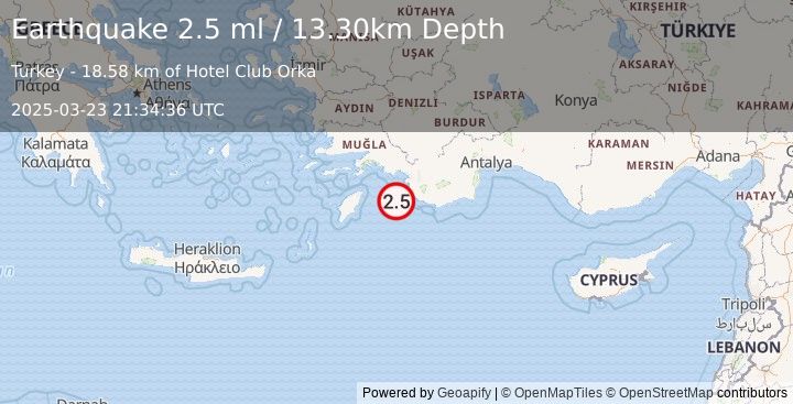 Earthquake DODECANESE IS.-TURKEY BORDER REG (2.5 ml) (2025-03-23 21:34:36 UTC)