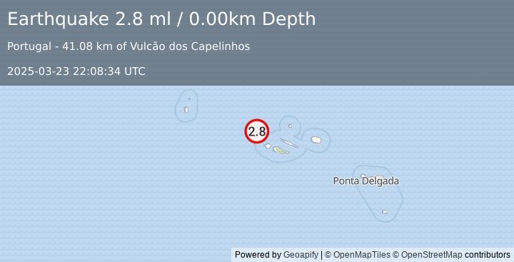 Earthquake AZORES ISLANDS, PORTUGAL (2.8 ml) (2025-03-23 22:08:34 UTC)