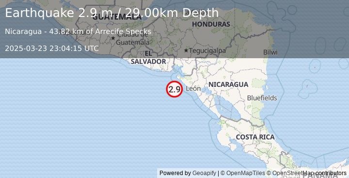 Earthquake NEAR COAST OF NICARAGUA (2.9 m) (2025-03-23 23:04:15 UTC)