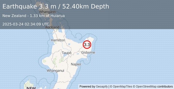 Earthquake NORTH ISLAND OF NEW ZEALAND (3.3 m) (2025-03-24 02:34:09 UTC)