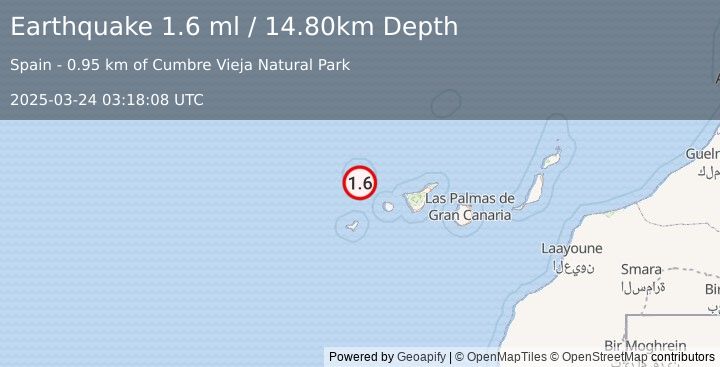 Earthquake CANARY ISLANDS, SPAIN REGION (1.6 ml) (2025-03-24 03:18:08 UTC)