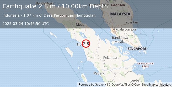 Earthquake NORTHERN SUMATRA, INDONESIA (2.8 m) (2025-03-24 10:46:50 UTC)