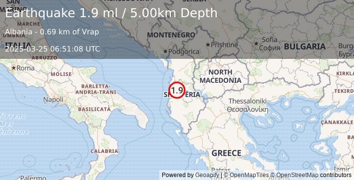 Earthquake ALBANIA (1.9 ml) (2025-03-25 06:51:08 UTC)