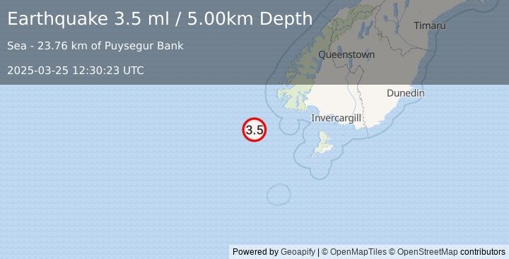 Earthquake OFF W. COAST OF S. ISLAND, N.Z. (3.5 ml) (2025-03-25 12:30:23 UTC)