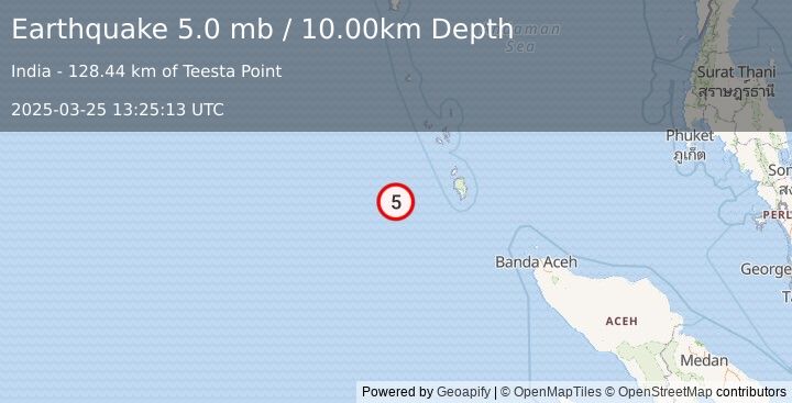 Earthquake NICOBAR ISLANDS, INDIA REGION (5.0 mb) (2025-03-25 13:25:15 UTC)