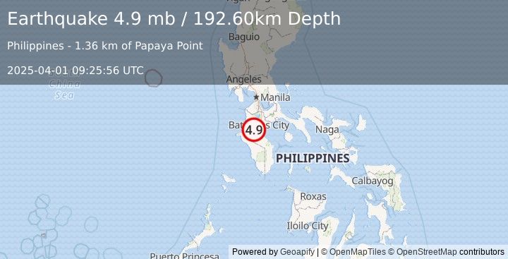 Earthquake MINDORO, PHILIPPINES (4.9 mb) (2025-04-01 09:25:56 UTC)