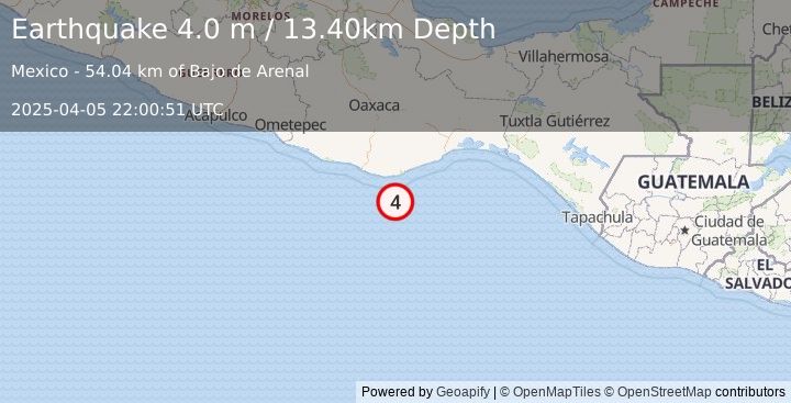 Earthquake OFFSHORE OAXACA, MEXICO (4.0 m) (2025-04-05 22:00:51 UTC)