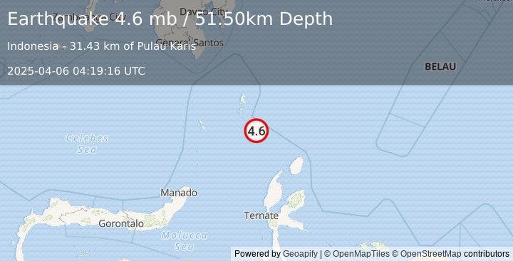 Earthquake KEPULAUAN TALAUD, INDONESIA (4.6 mb) (2025-04-06 04:19:16 UTC)