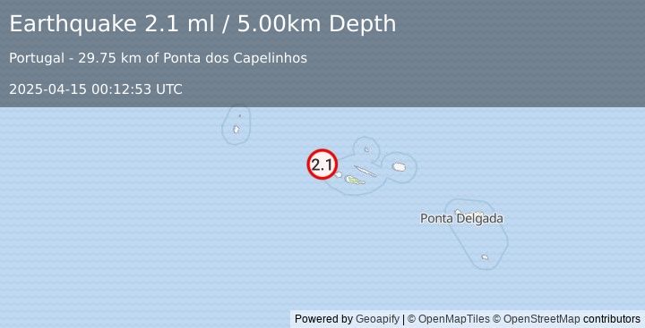 Earthquake AZORES ISLANDS, PORTUGAL (2.1 ml) (2025-04-15 00:12:53 UTC)