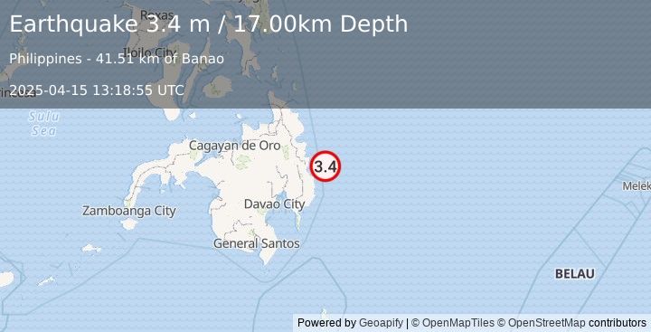 Earthquake MINDANAO, PHILIPPINES (3.4 m) (2025-04-15 13:18:55 UTC)