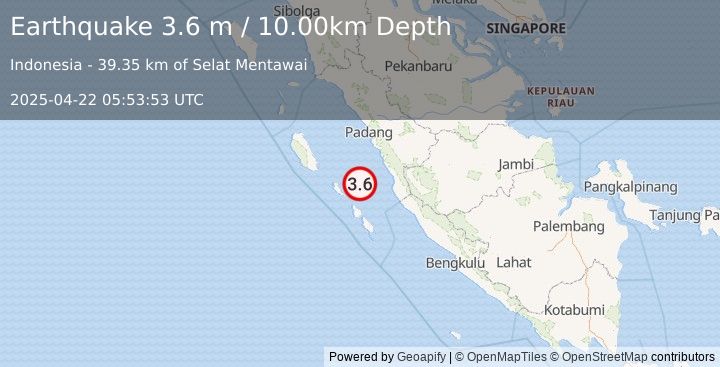 Earthquake KEP. MENTAWAI REGION, INDONESIA (3.6 m) (2025-04-22 05:53:53 UTC)