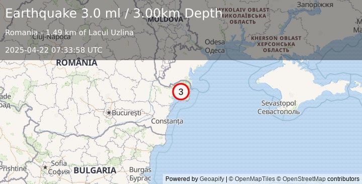 Earthquake UKRAINE-ROMANIA BORDER REGION (3.0 ml) (2025-04-22 07:33:58 UTC)