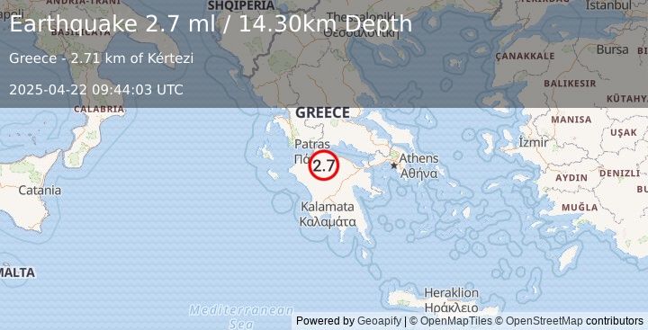 Earthquake SOUTHERN GREECE (2.7 ml) (2025-04-22 09:44:03 UTC)