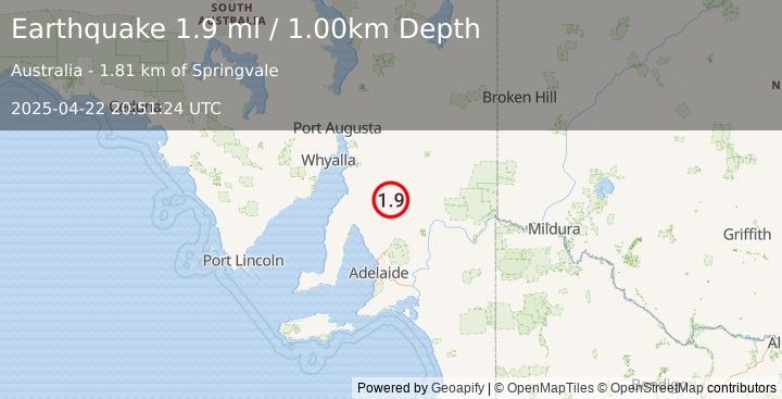 Earthquake NEAR COAST OF SOUTH AUSTRALIA (1.9 ml) (2025-04-22 20:51:24 UTC)