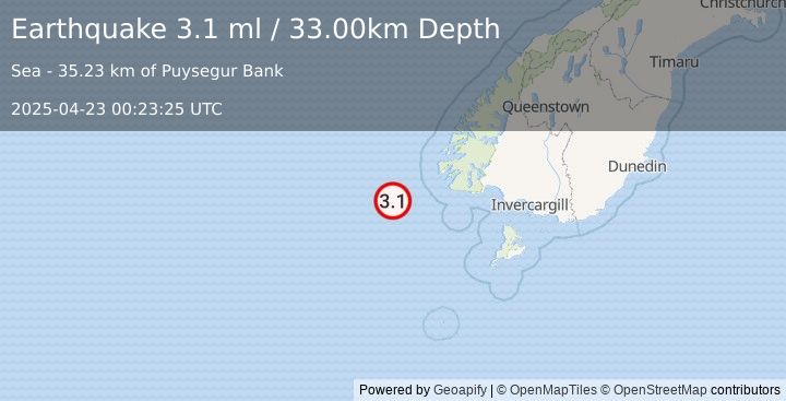 Earthquake OFF W. COAST OF S. ISLAND, N.Z. (3.1 ml) (2025-04-23 00:23:25 UTC)