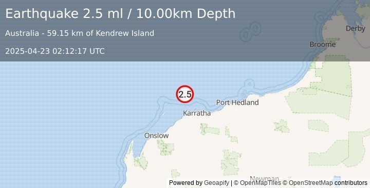 Earthquake NORTHWEST OF AUSTRALIA (2.5 ml) (2025-04-23 02:12:17 UTC)
