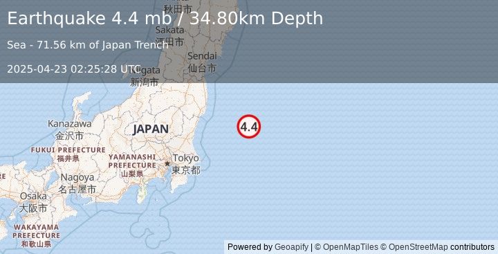 Earthquake OFF EAST COAST OF HONSHU, JAPAN (4.4 mb) (2025-04-23 02:25:28 UTC)