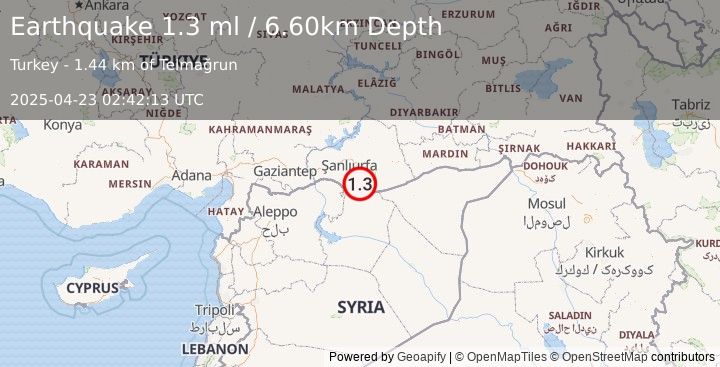 Earthquake TURKEY-SYRIA BORDER REGION (1.3 ml) (2025-04-23 02:42:13 UTC)