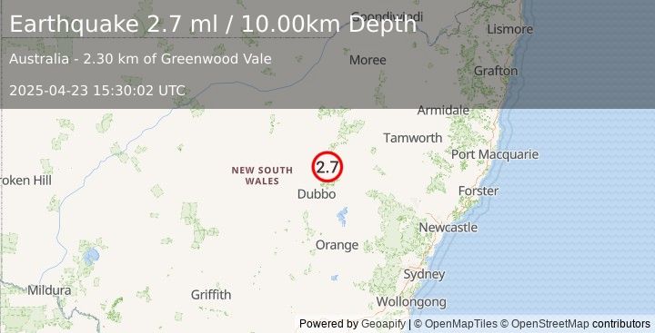 Earthquake NEW SOUTH WALES, AUSTRALIA (2.7 ml) (2025-04-23 15:30:02 UTC)