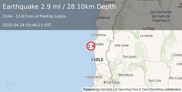 Earthquake OFFSHORE COQUIMBO, CHILE (2.9 ml) (2025-04-24 03:46:13 UTC)