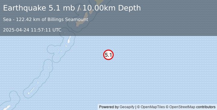 Earthquake EAST OF KURIL ISLANDS (5.3 mb) (2025-04-24 11:57:10 UTC)