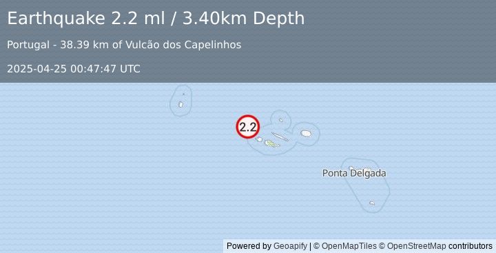 Earthquake AZORES ISLANDS, PORTUGAL (2.2 ml) (2025-04-25 00:47:47 UTC)