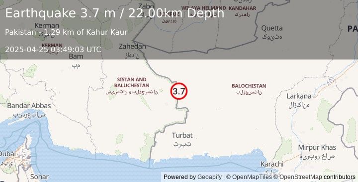 Earthquake IRAN-PAKISTAN BORDER REGION (3.7 m) (2025-04-25 03:49:03 UTC)