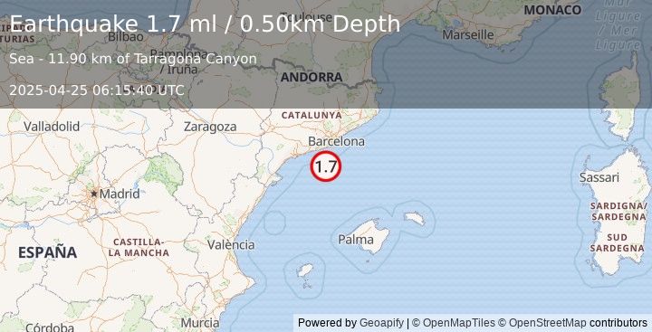Earthquake BALEARIC ISLANDS, SPAIN (1.7 ml) (2025-04-25 06:15:40 UTC)