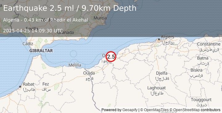Earthquake NORTHERN ALGERIA (2.5 ml) (2025-04-25 14:09:30 UTC)